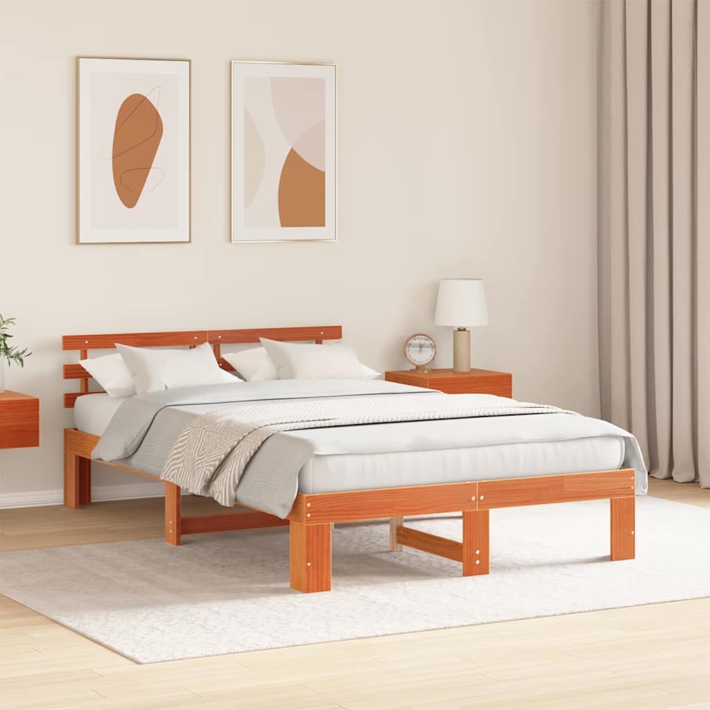 Bed Frame with Headboard Wax Brown 140 x 190 cm Solid Pine Wood
