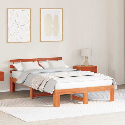 Bed Frame with Headboard Wax Brown 135 x 190 cm Solid Pine Wood