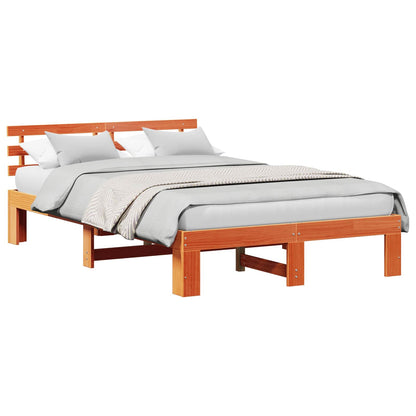 Bed Frame with Headboard Wax Brown 135 x 190 cm Solid Pine Wood
