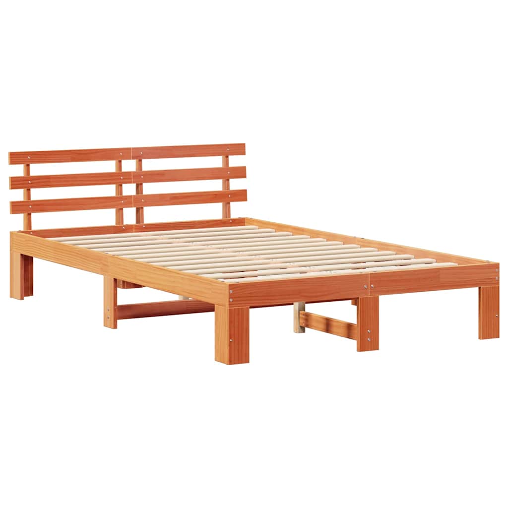 Bed Frame with Headboard Wax Brown 135 x 190 cm Solid Pine Wood