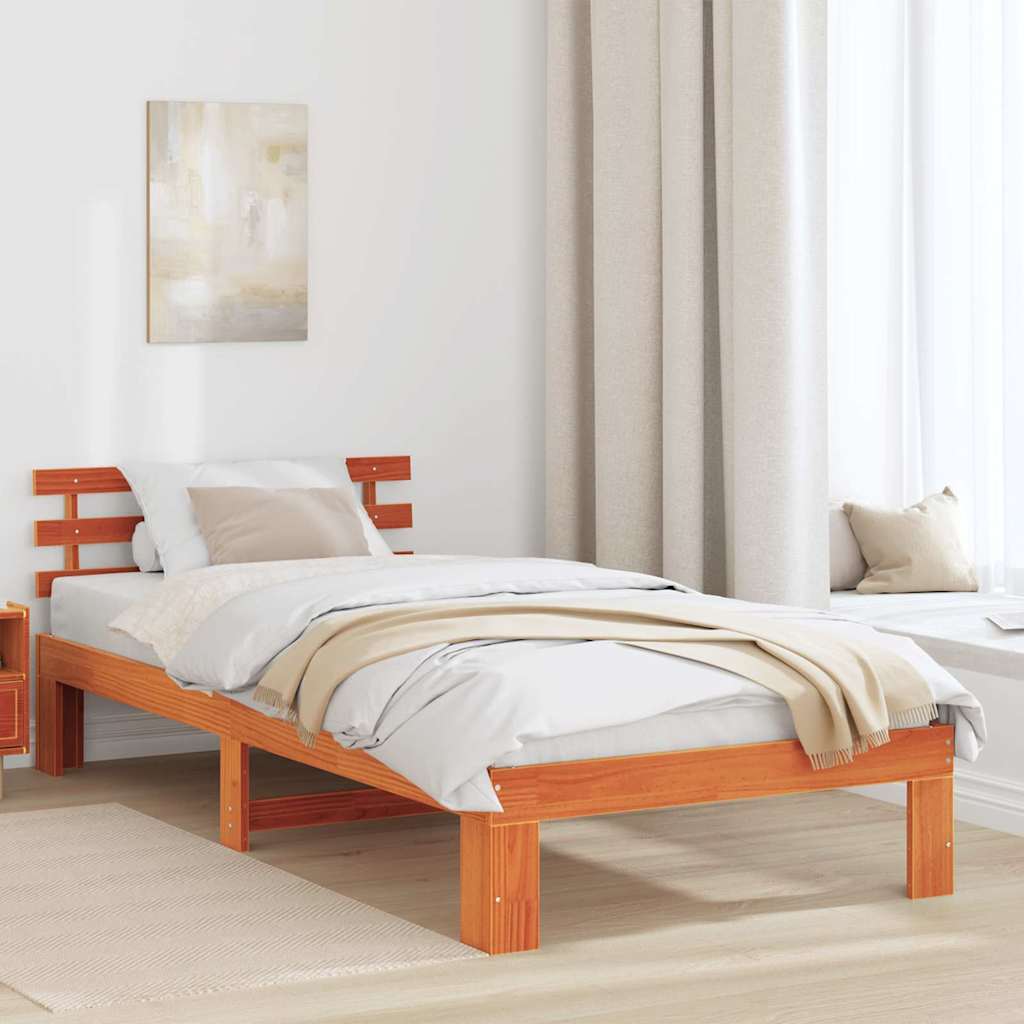 Bed Frame with Headboard Wax Brown 100 x 200 cm Solid Pine Wood