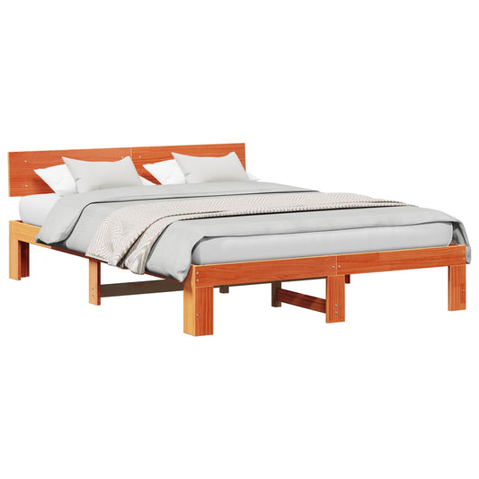 Bed Frame with Headboard Wax Brown 160 x 200 cm Solid Pine Wood