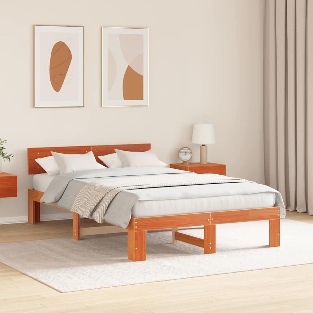 Bed Frame with Headboard Wax Brown 140 x 190 cm Solid Pine Wood