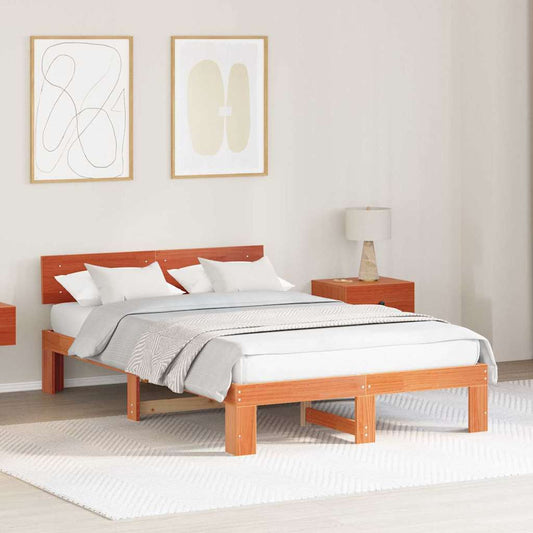 Bed Frame with Headboard Wax Brown 135 x 190 cm Solid Pine Wood