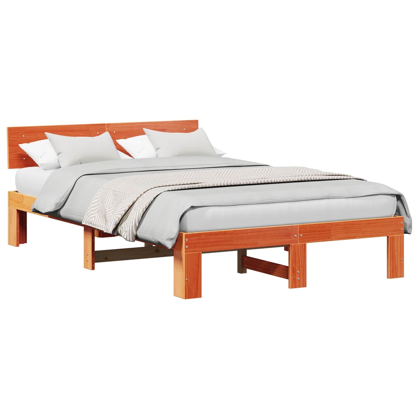 Bed Frame with Headboard Wax Brown 135 x 190 cm Solid Pine Wood