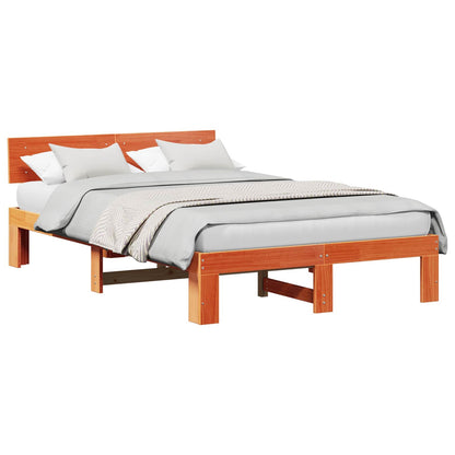 Bed Frame with Headboard Wax Brown 135 x 190 cm Solid Pine Wood