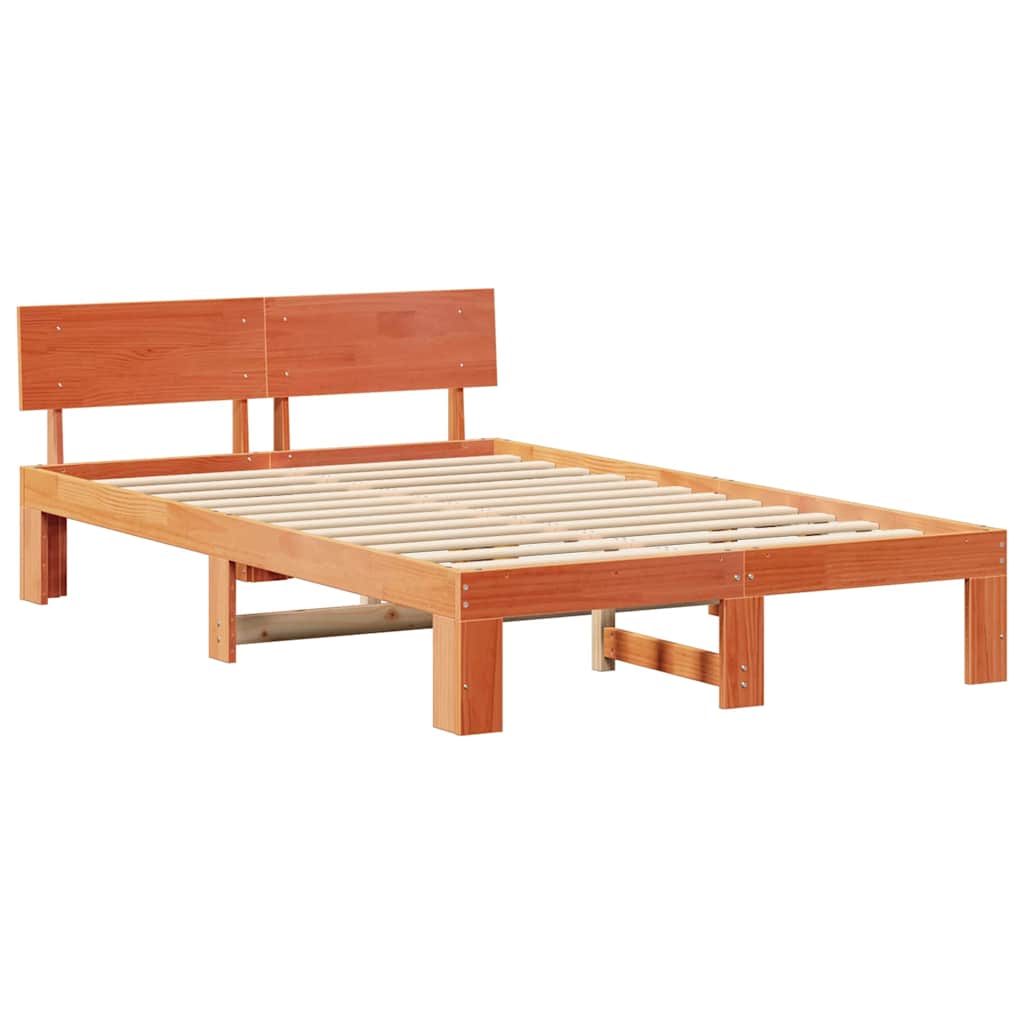 Bed Frame with Headboard Wax Brown 135 x 190 cm Solid Pine Wood