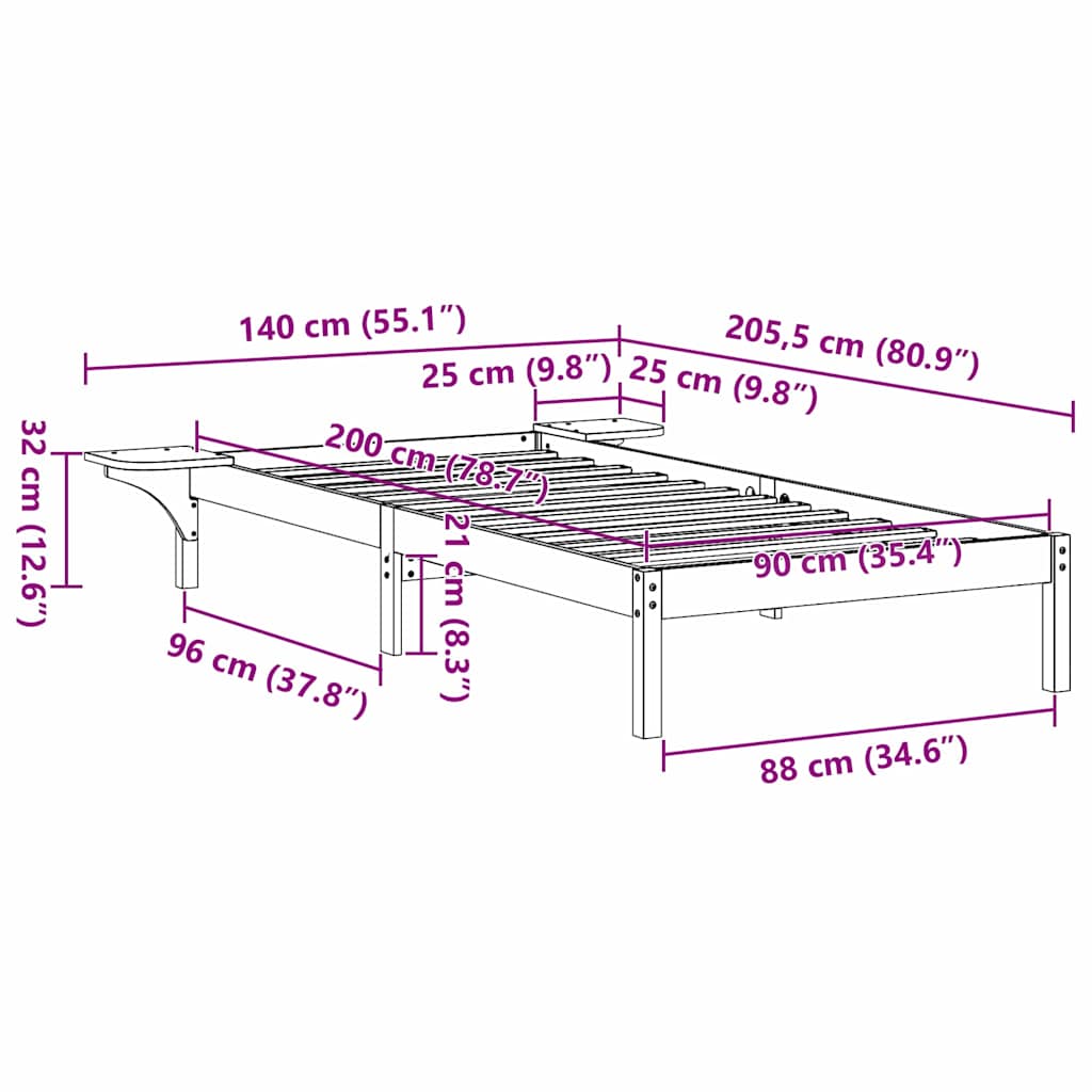 Bed Frame with Bedside Tables White 90 x 200 cm White
