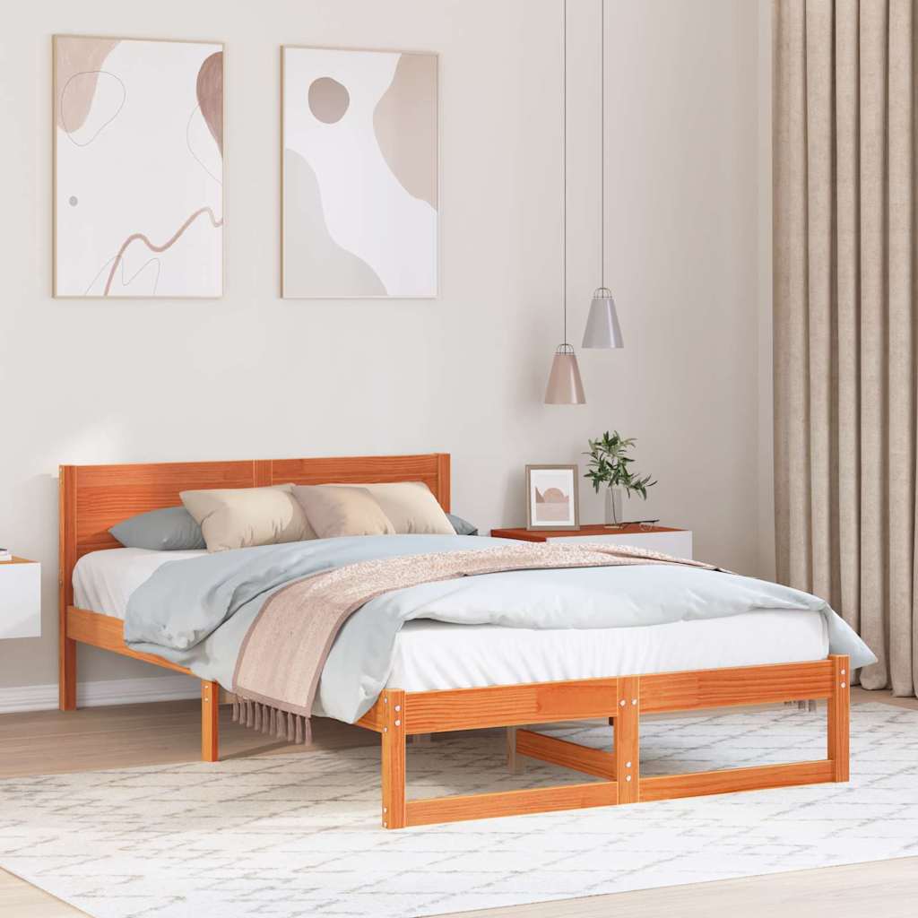 Bed Frame with Headboard Wax Brown 140 x 190 cm Solid Pine Wood