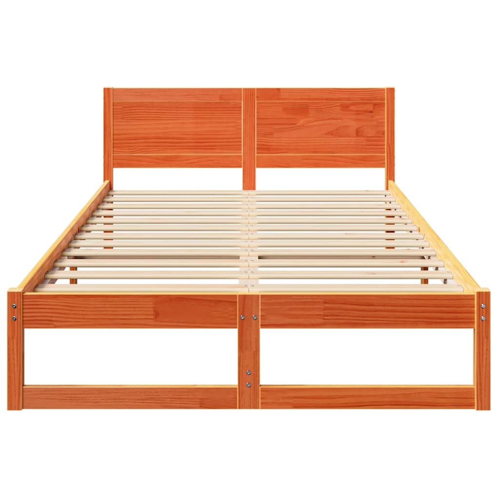 Bed Frame with Headboard Wax Brown 135 x 190 cm Solid Pine Wood