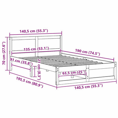 Bed Frame with Headboard Wax Brown 135 x 190 cm Solid Pine Wood