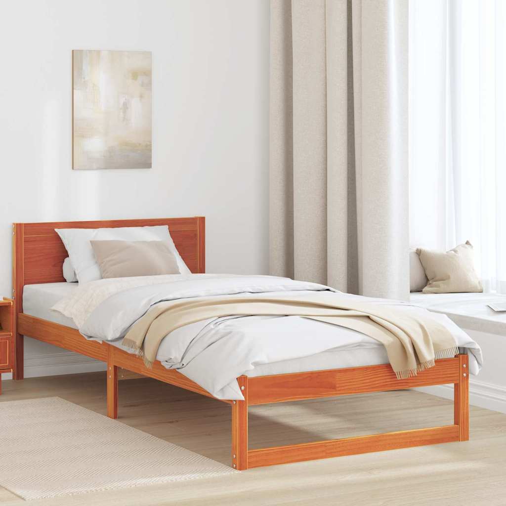 Bed Frame with Headboard Wax Brown 90 x 200 cm Solid Pine Wood