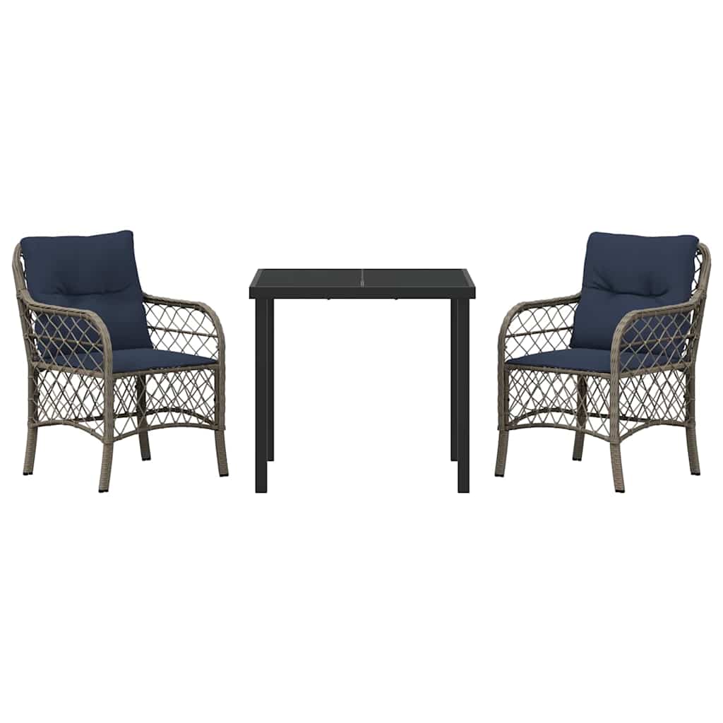 Garden Dining Set with Cushion 3 pcs Grey and Black Rattan