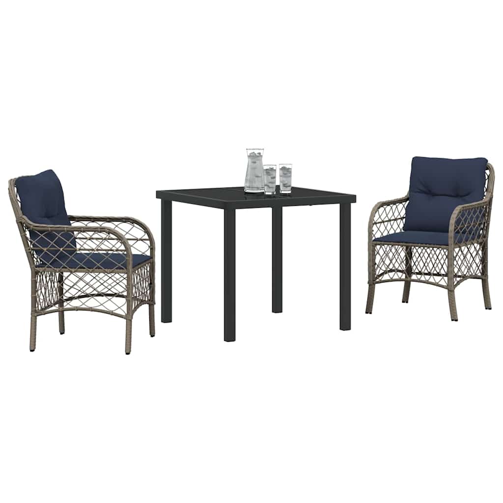 Garden Dining Set with Cushion 3 pcs Grey and Black Rattan