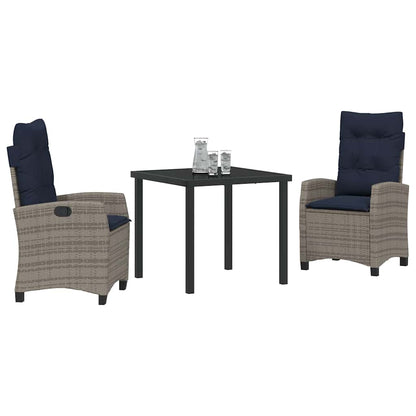 Garden Dining Set with Cushion 3 pcs Grey Poly Rattan