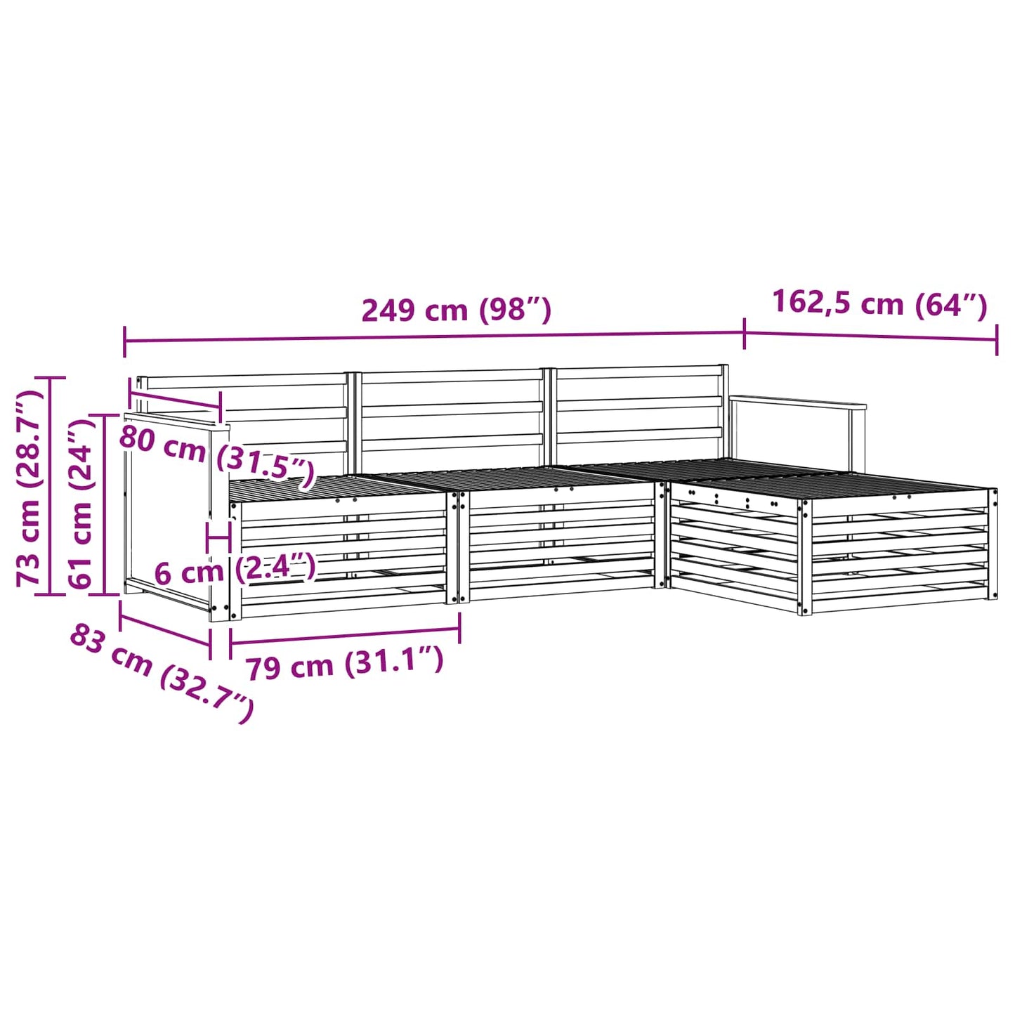 Outdoor Sofa Set Natural 249 x 162.5 x 73 cm Solid Acacia Wood