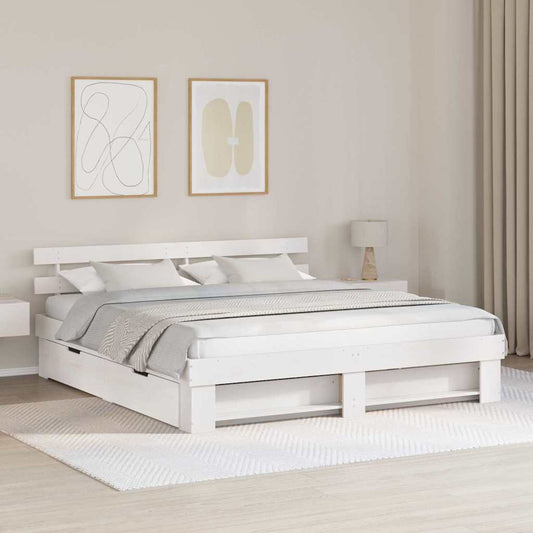 Bed Frame with Drawer White 200 x 200 cm Solid Pine Wood