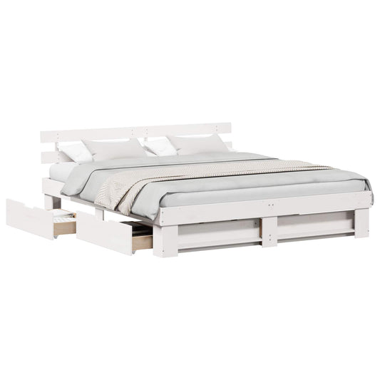 Bed Frame with Drawer White 200 x 200 cm Solid Pine Wood