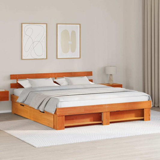 Bed Frame with Drawer Wax Brown 200 x 200 cm Solid Pine Wood