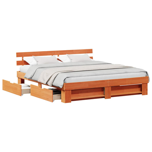 Bed Frame with Drawer Wax Brown 200 x 200 cm Solid Pine Wood