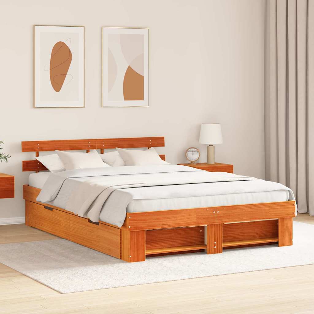 Bed Frame with Headboard Wax Brown 160 x 200 cm Solid Pine Wood