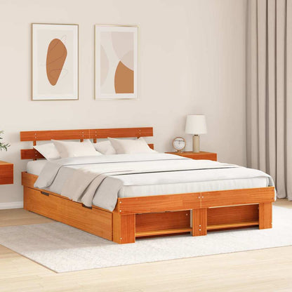 Bed Frame with Headboard Wax Brown 150 x 200 cm Solid Pine Wood