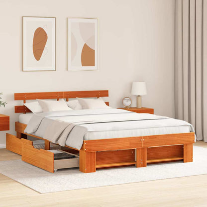 Bed Frame with Headboard Wax Brown 140 x 200 cm Solid Pine Wood
