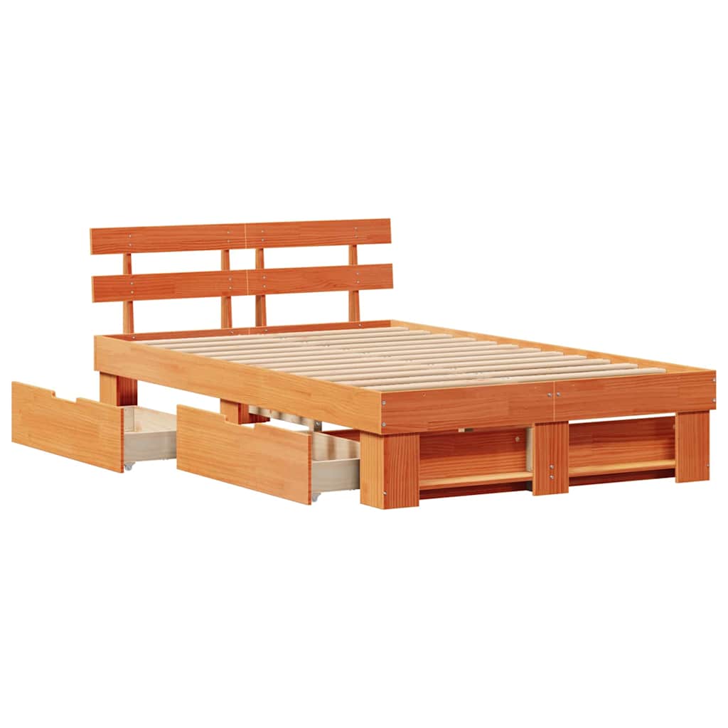 Bed Frame with Headboard Wax Brown 140 x 190 cm Solid Pine Wood
