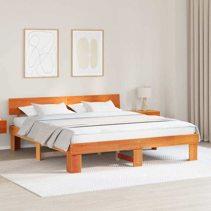 Bed Frame with Headboard Wax Brown 200 x 200 cm Solid Pine Wood