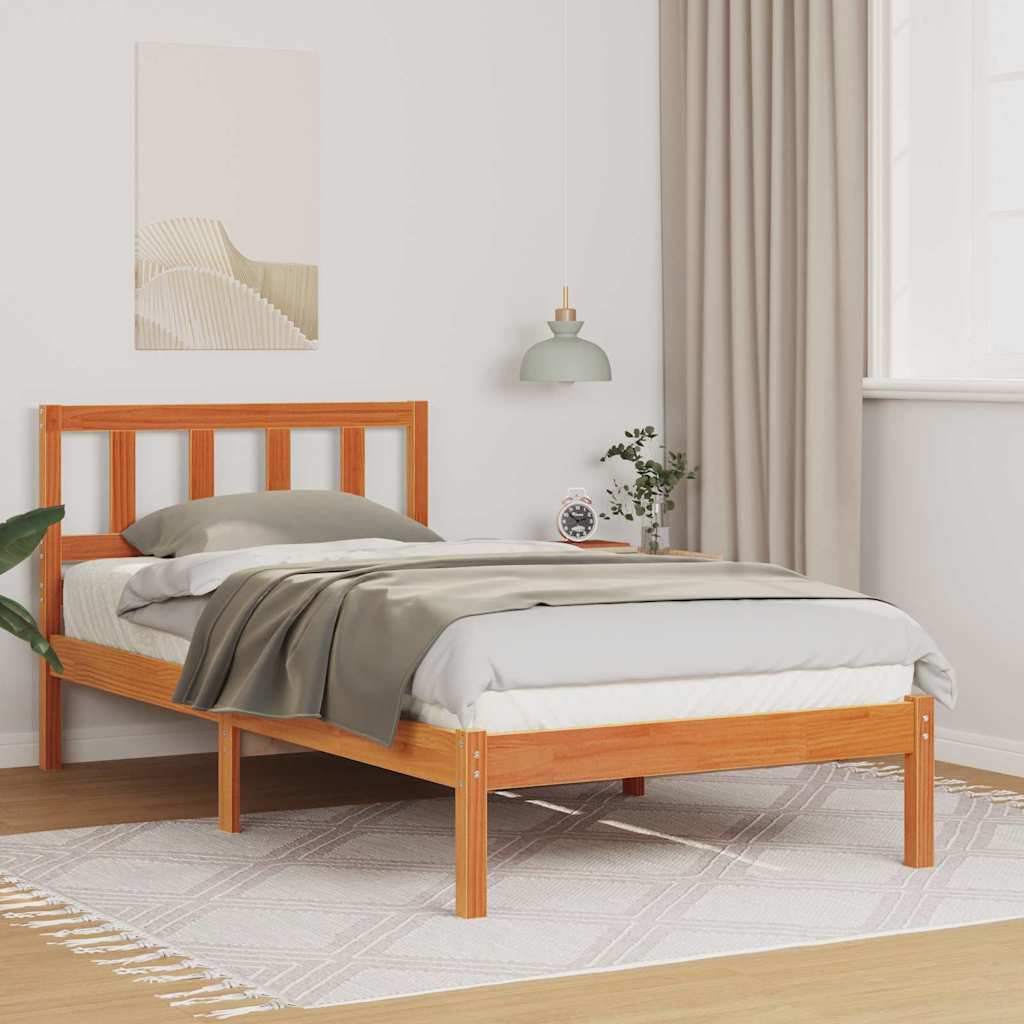 Bed Frame with Headboard Wax Brown 90 x 200 cm Solid Pine Wood