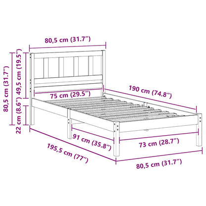 Bed Frame with Headboard Wax Brown 75 x 190 cm Solid Pine Wood