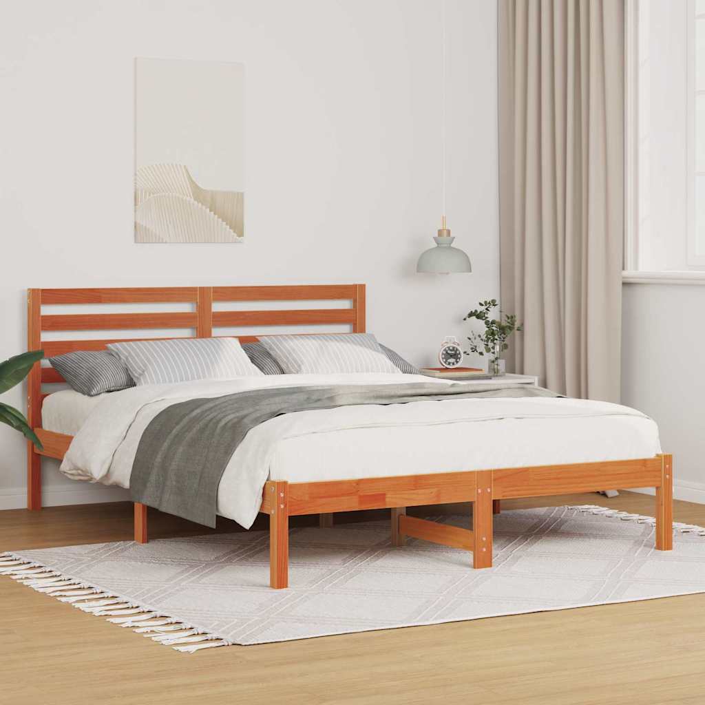 Bed Frame with Headboard Wax Brown 140 x 190 cm Solid Pine Wood