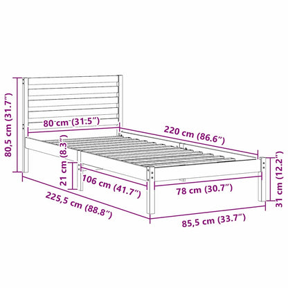 Bed Frame with Headboard White 80 x 220 cm Solid Pine Wood