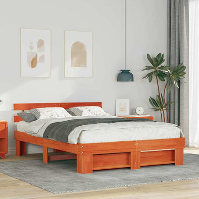 with Headboard Wax brown 160 x 200 cm Pine wood
