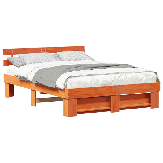 Bed Frame with Headboard Wax Brown 150 x 200 cm Solid Pine Wood