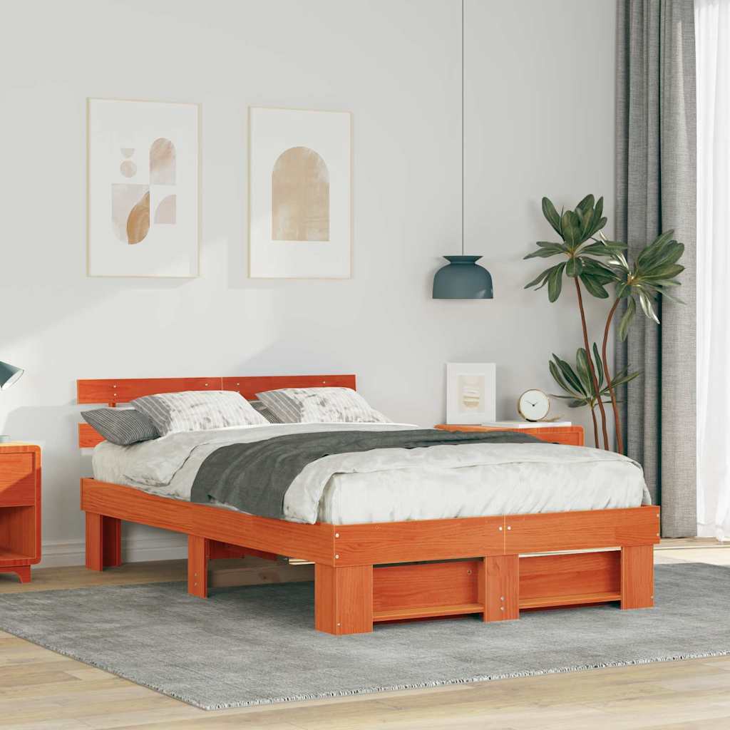 Bed Frame with Headboard Wax Brown 135 x 190 cm Solid Pine Wood