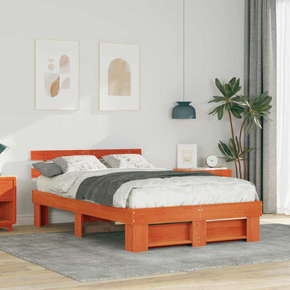 Bed Frame with Headboard Wax Brown 135 x 190 cm Solid Pine Wood