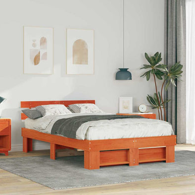 with Headboard Wax brown 135 x 190 cm Solid pine wood