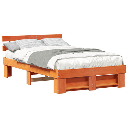 Bed Frame with Headboard Wax Brown 135 x 190 cm Solid Pine Wood