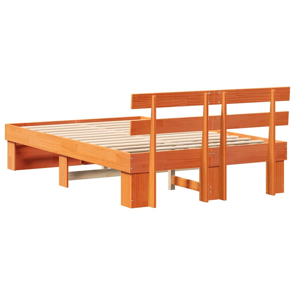 Bed Frame with Headboard Wax Brown 135 x 190 cm Solid Pine Wood