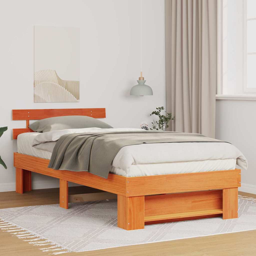Bed Frame with Headboard Wax Brown 100 x 200 cm Solid Pine Wood