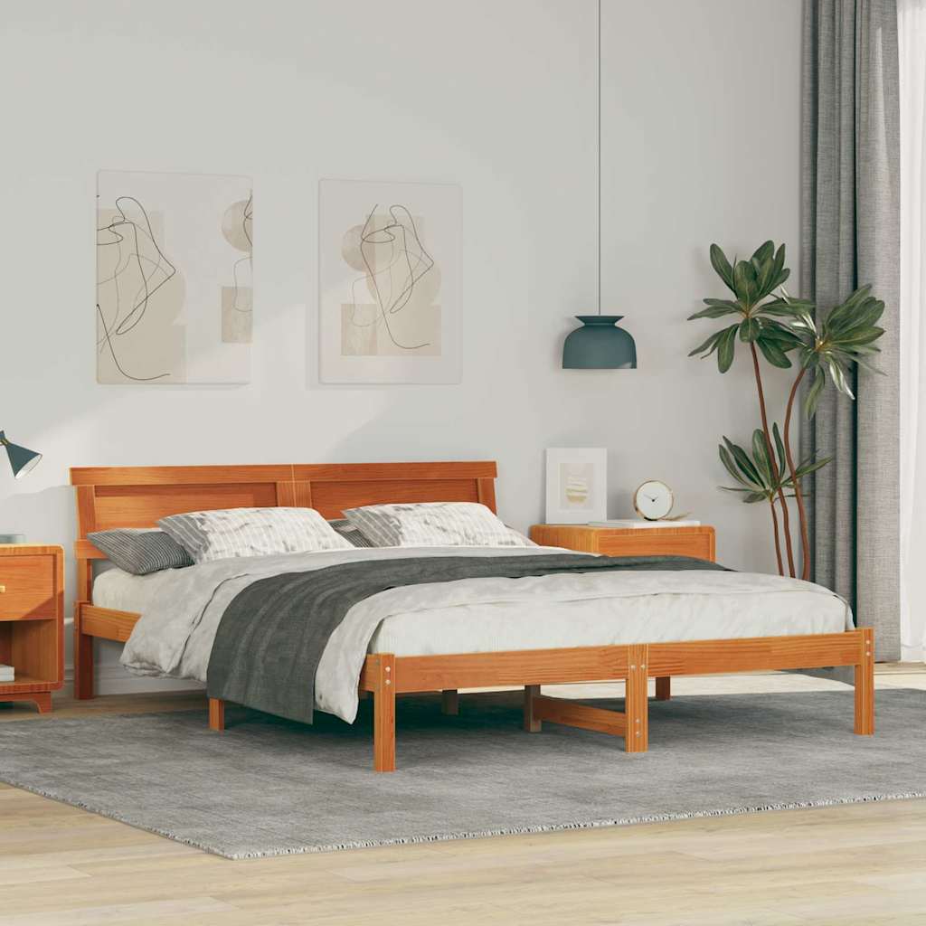 Bed Frame with Headboard Wax Brown 150 x 200 cm Solid Pine Wood