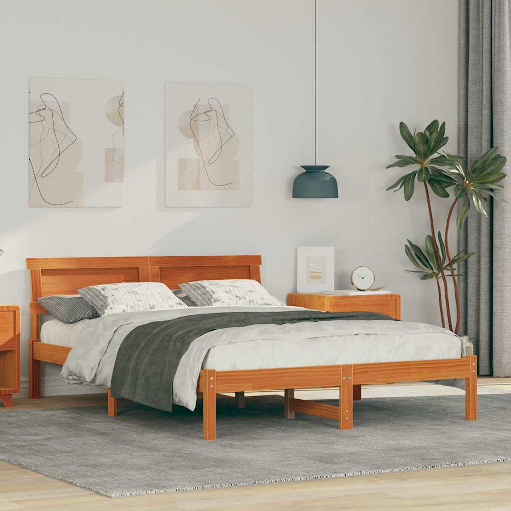 Bed Frame with Headboard Wax Brown 135 x 190 cm Solid Pine Wood