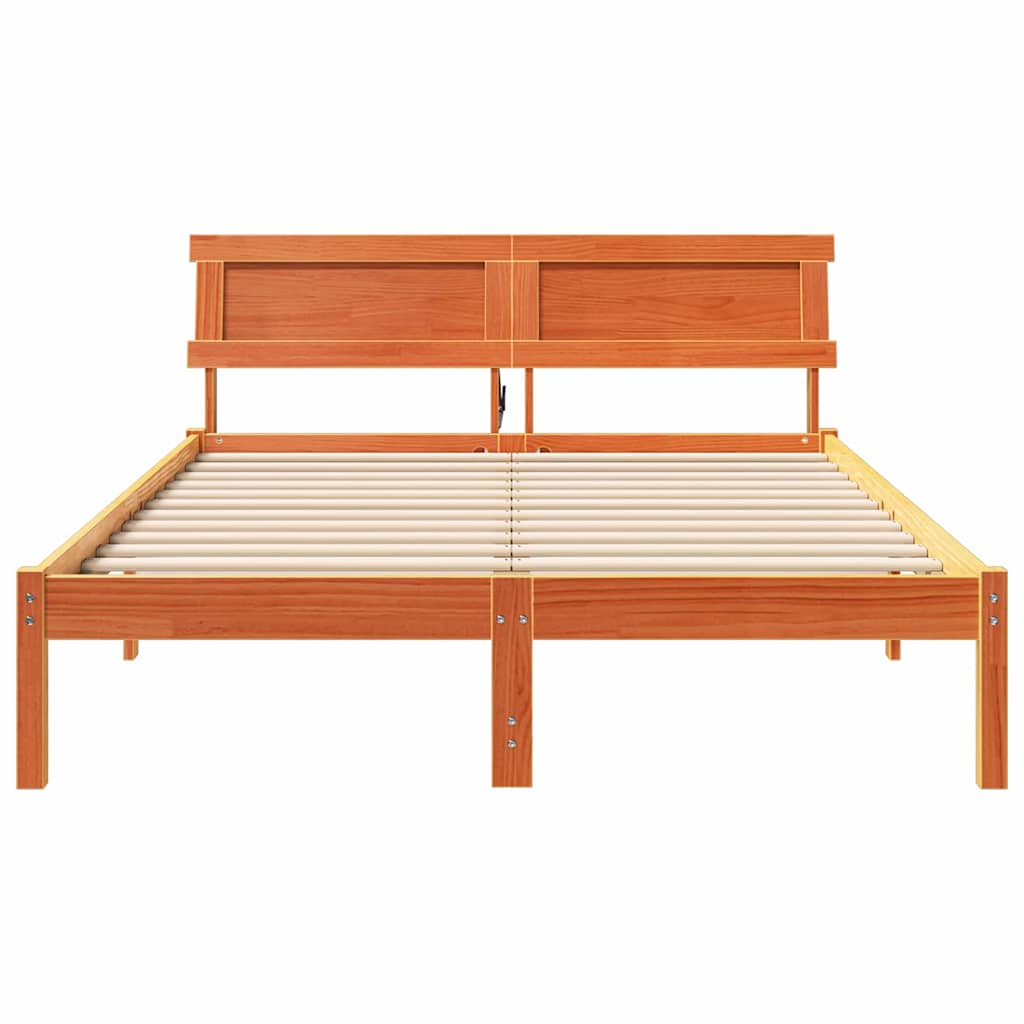 Bed Frame with Headboard Wax Brown 135 x 190 cm Solid Pine Wood