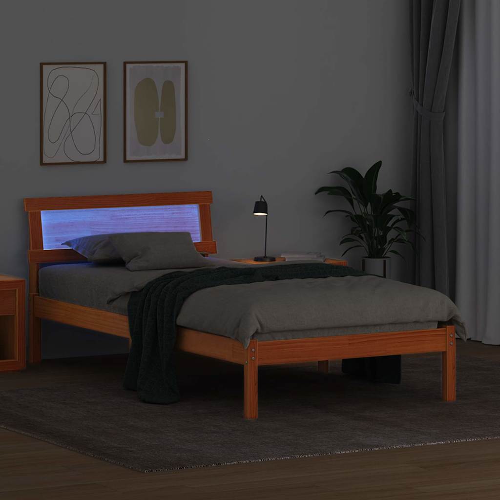 Bed Frame with Headboard Wax Brown 90 x 200 cm Solid Pine Wood