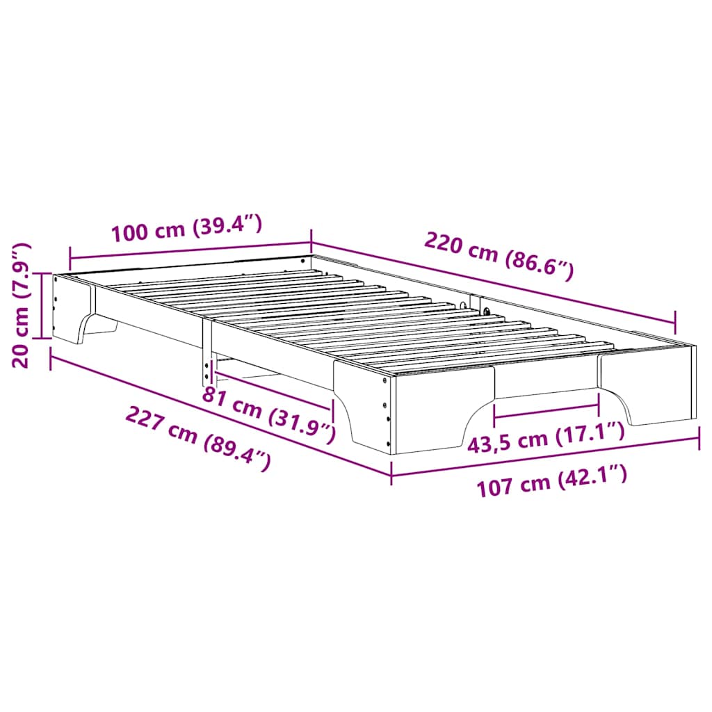 Bed Frame Brown 100 x 220 cm Solid Pine Wood