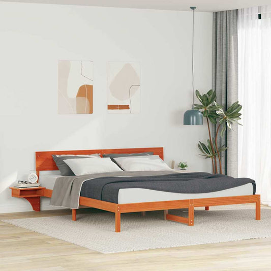 Bed Frame with Bedside Tables Wax brown Solid pine wood
