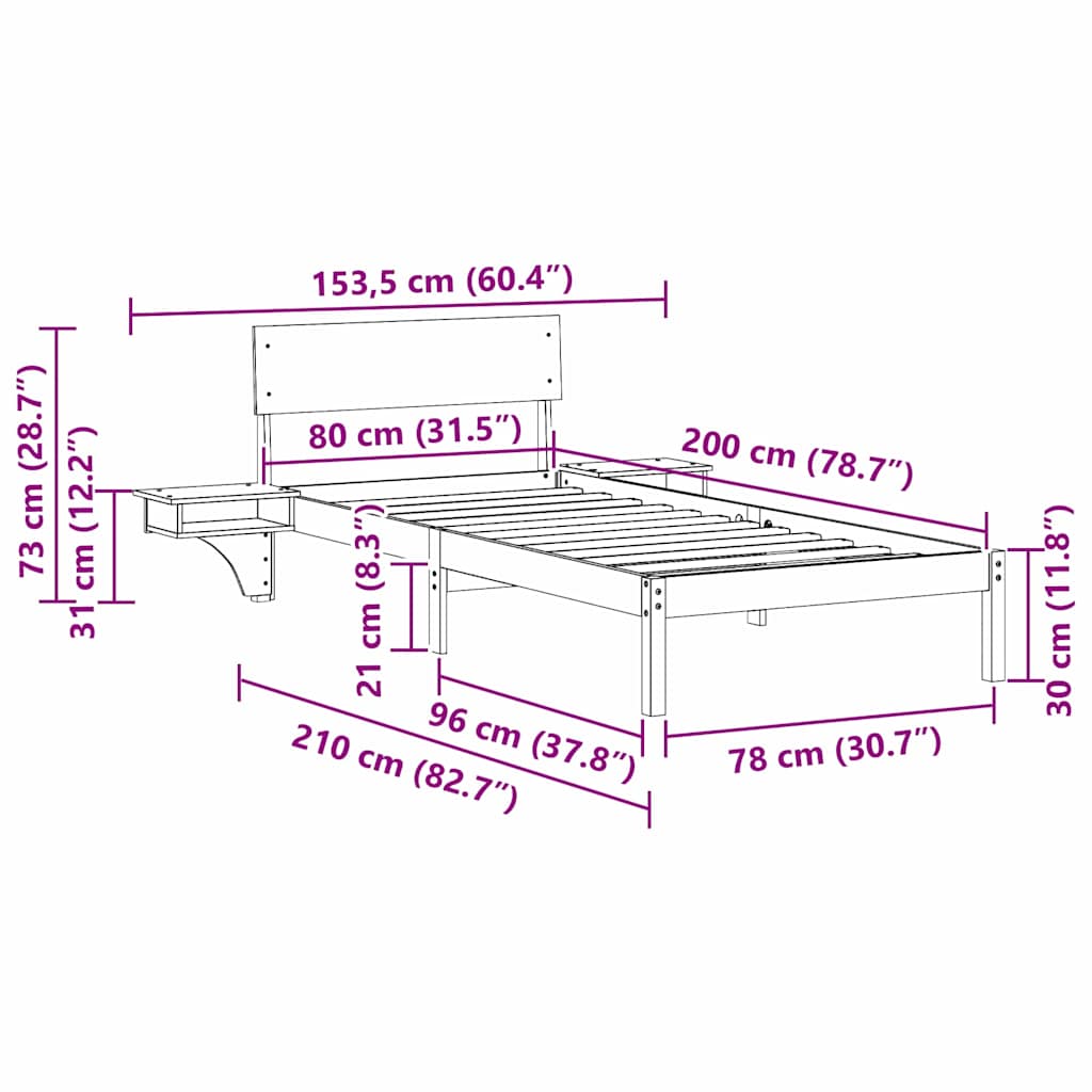 Bed Frame with Bedside Tables Brown Solid pine wood