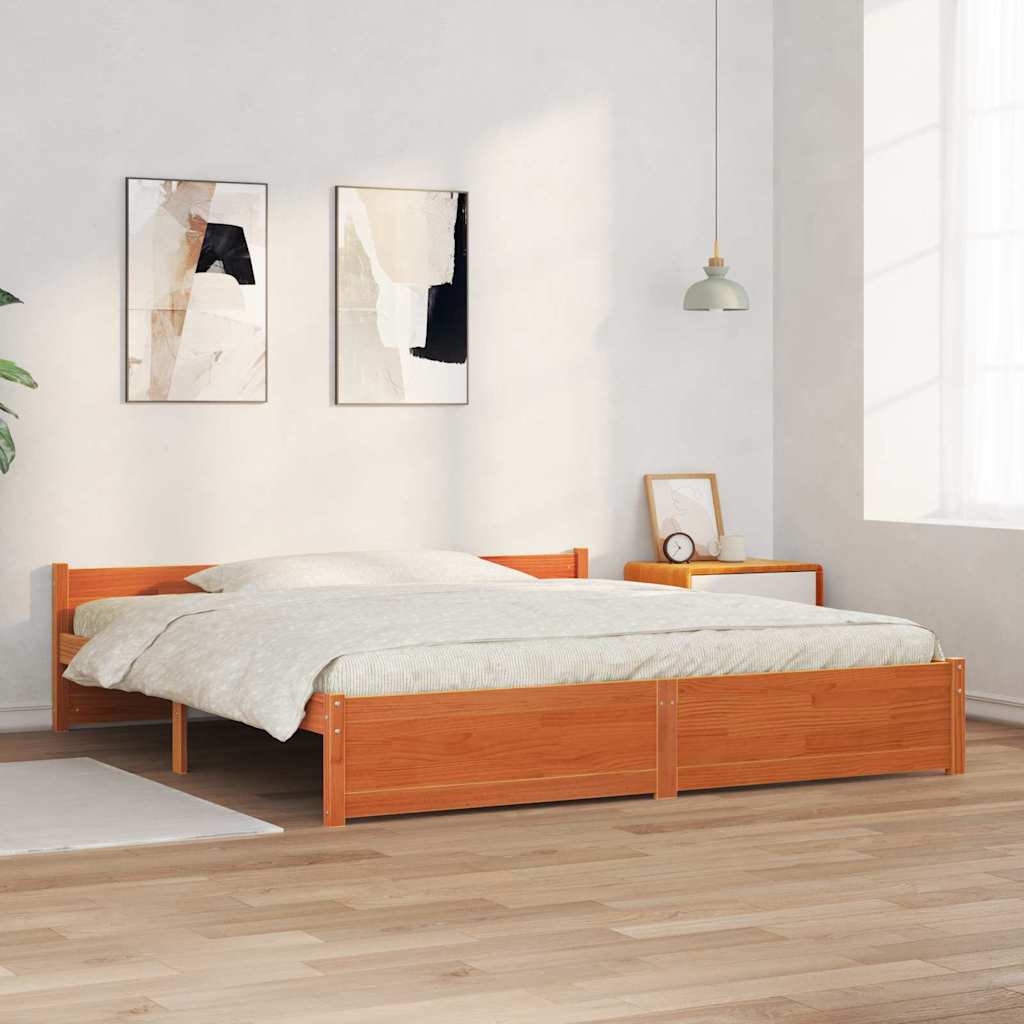 Bed Frame Wax Brown 205.5 x 185.5 x 51 cm Solid Pine Wood