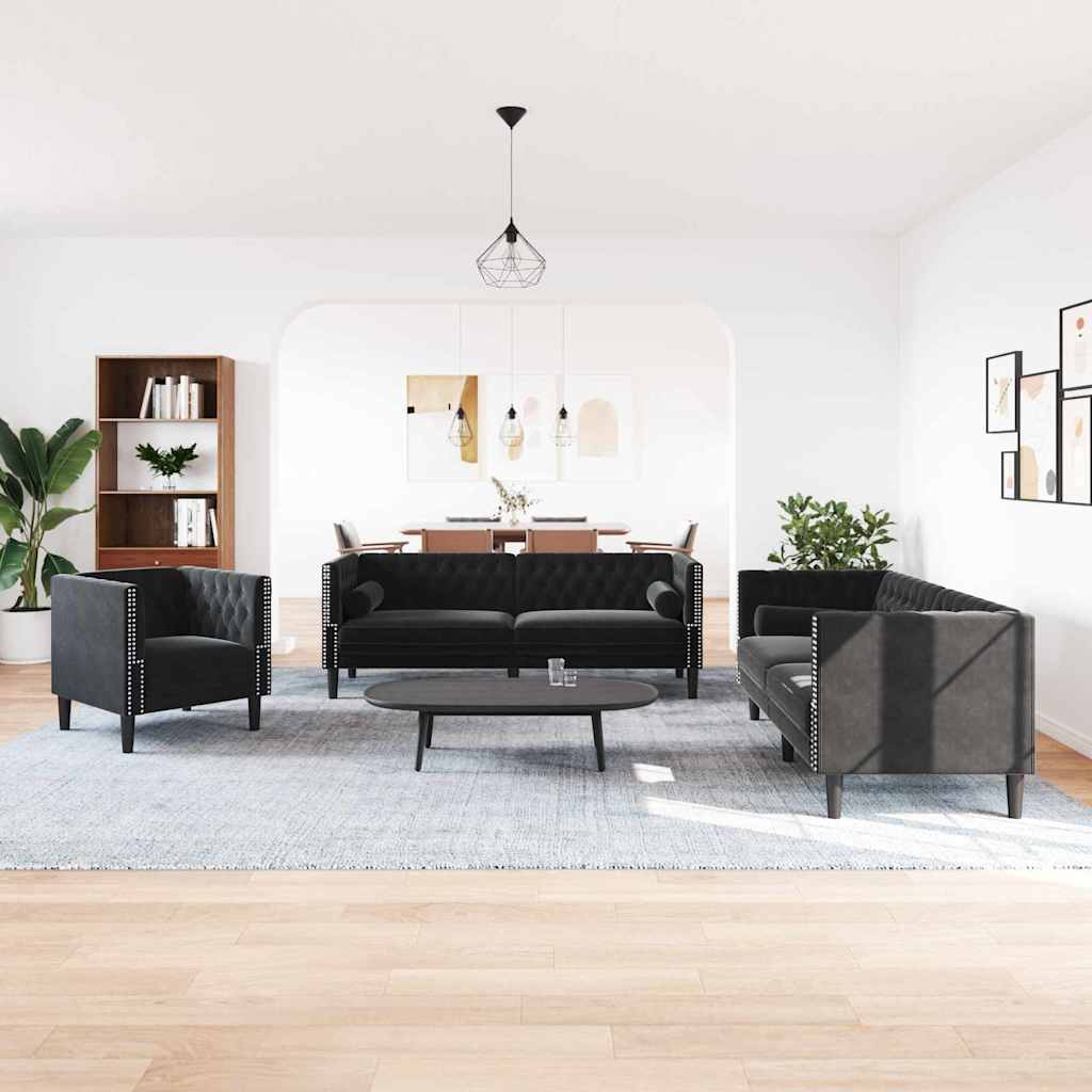 Living Room Couch 3 pcs Black 194 x 74.5 x 70.5 cm Velvet